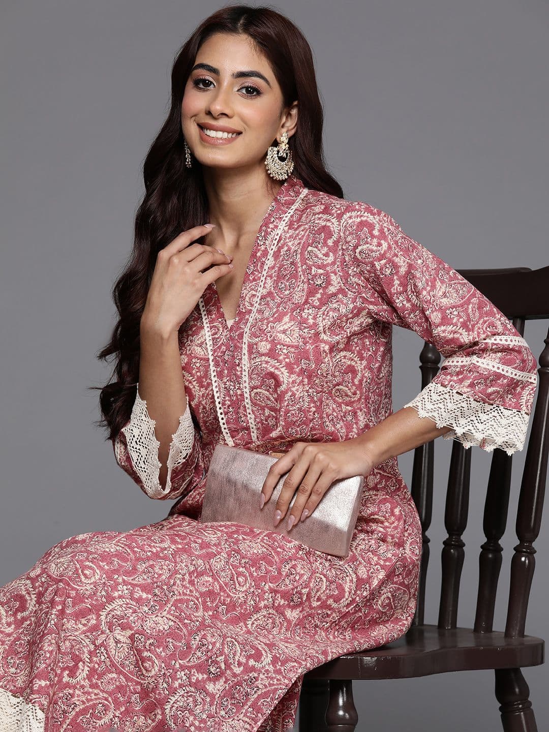 Varanga Peach Jaipuri Printed V Neck A line Pure Cotton Kurta - view 1