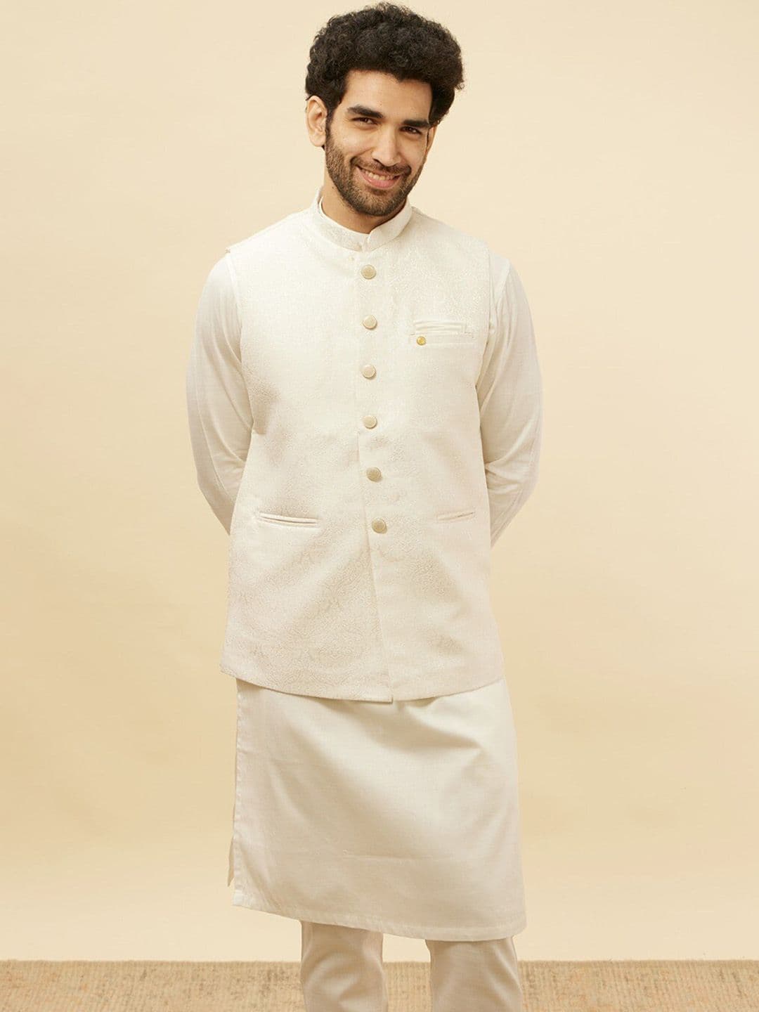 Manyavar Woven Design Mandarin Collar Brocade Nehru Jacket - view 1