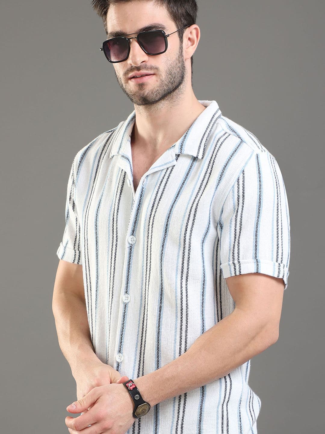 Moda Rapido white Slim Fit Striped Short Sleeves Cotton Casual Shirt - view 1