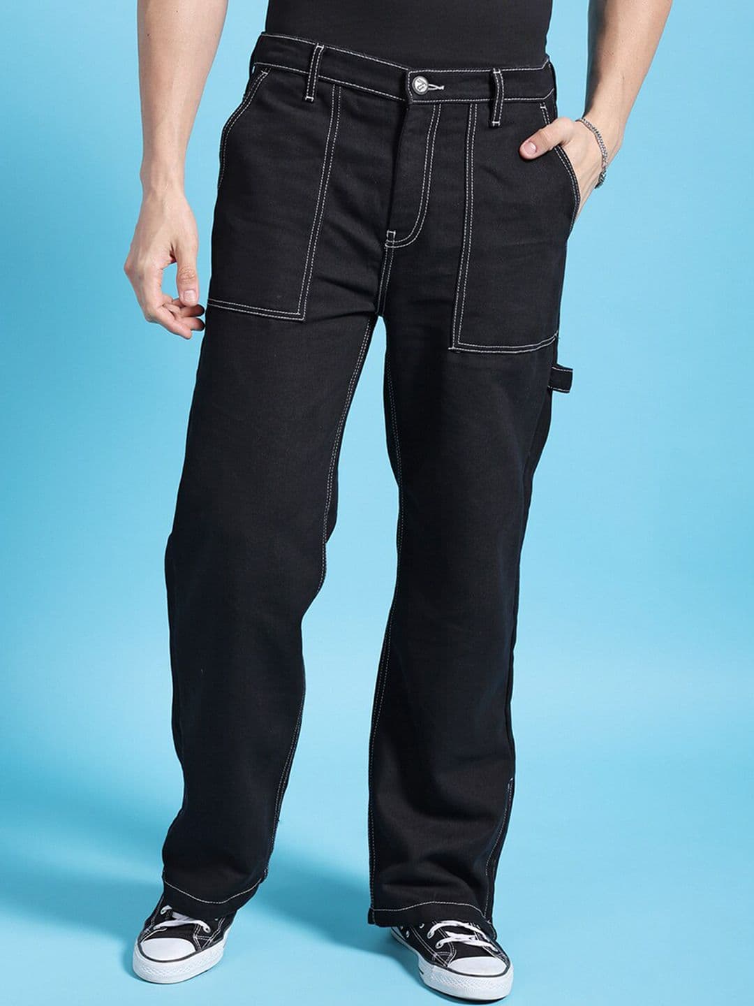 The Indian Garage Co Men Black Baggy Fit Contrast Stitch Clean Look Stretchable Jeans - view 1