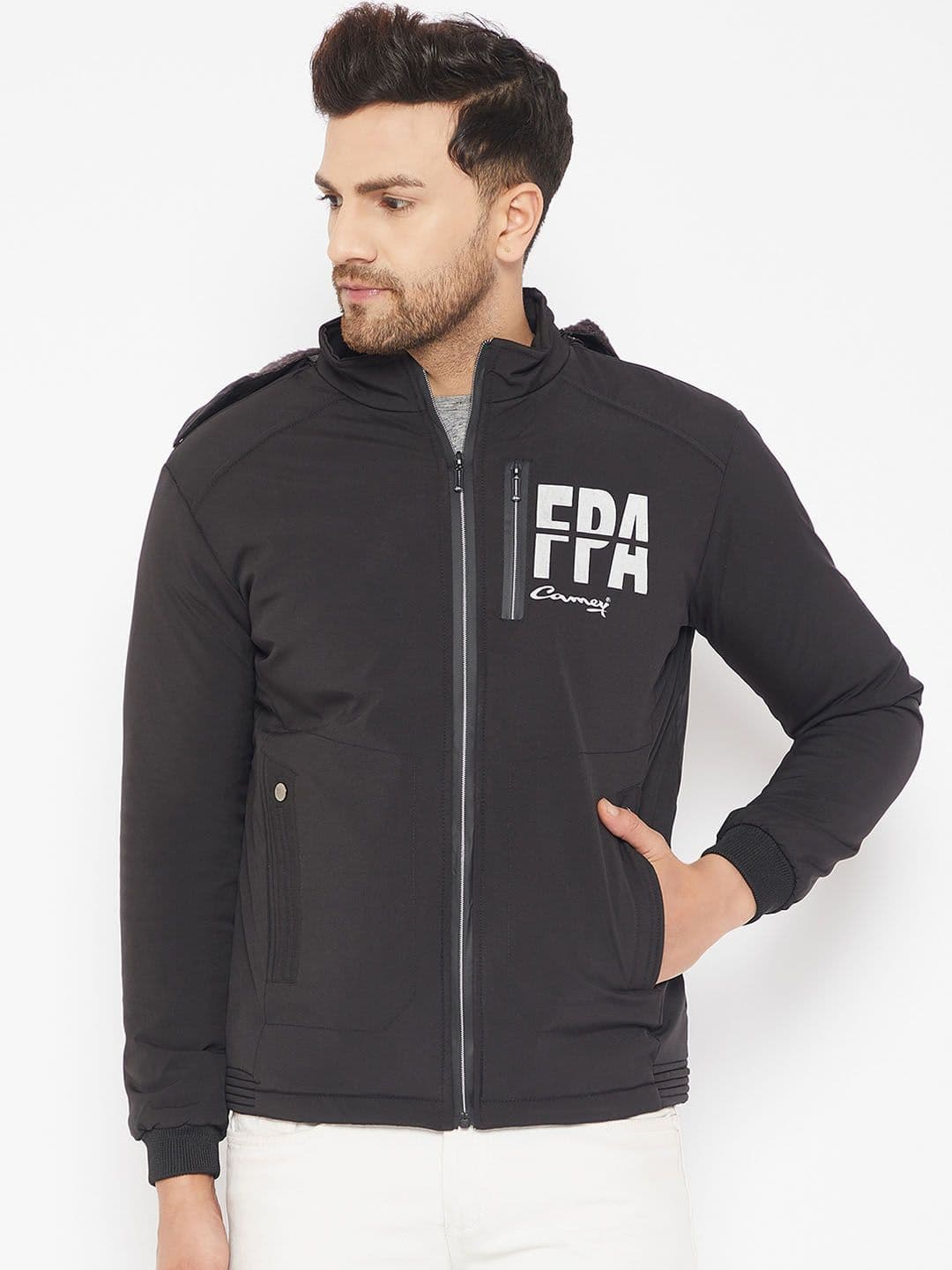 Camey Typography Printed Hooded Neck Long Sleeves Lightweight Bomber Jacket - view 1