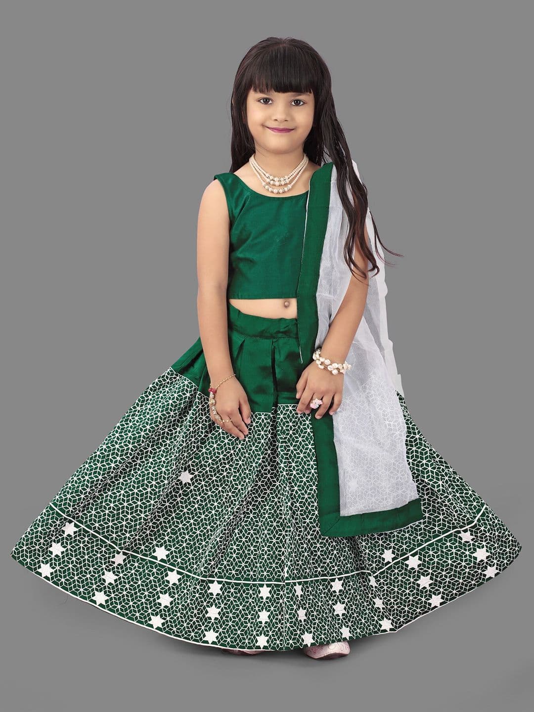 BAESD Girls Green & White Ready to Wear Lehenga & Blouse With Dupatta - view 1