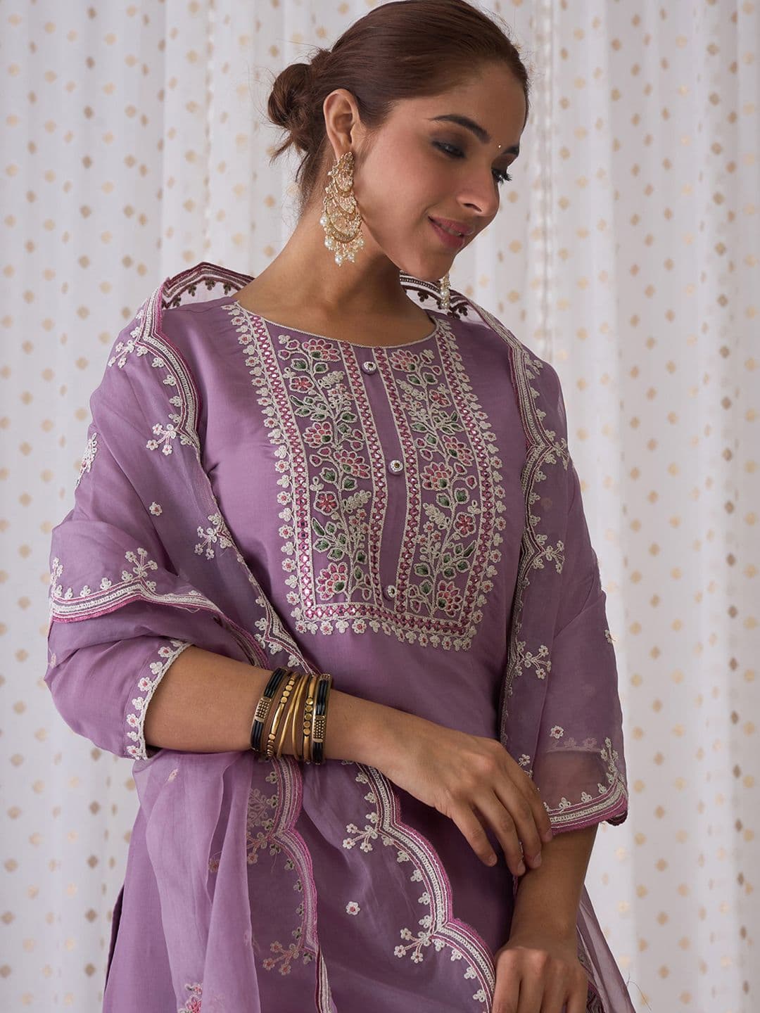 Indo Era Women Floral Yoke Design Regular Thread Work Kurta with Trousers & Dupatta - view 1