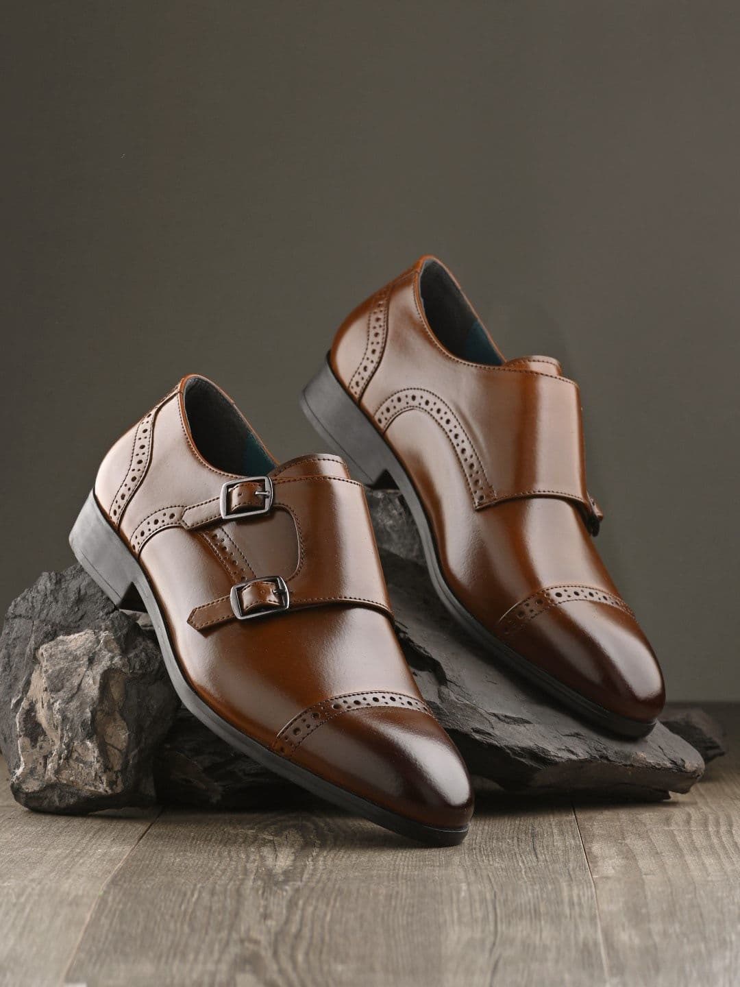 House of Pataudi Men Tan Synthetic Leather Loafers Slip On Formal Moccasins Monk Shoes - view 1