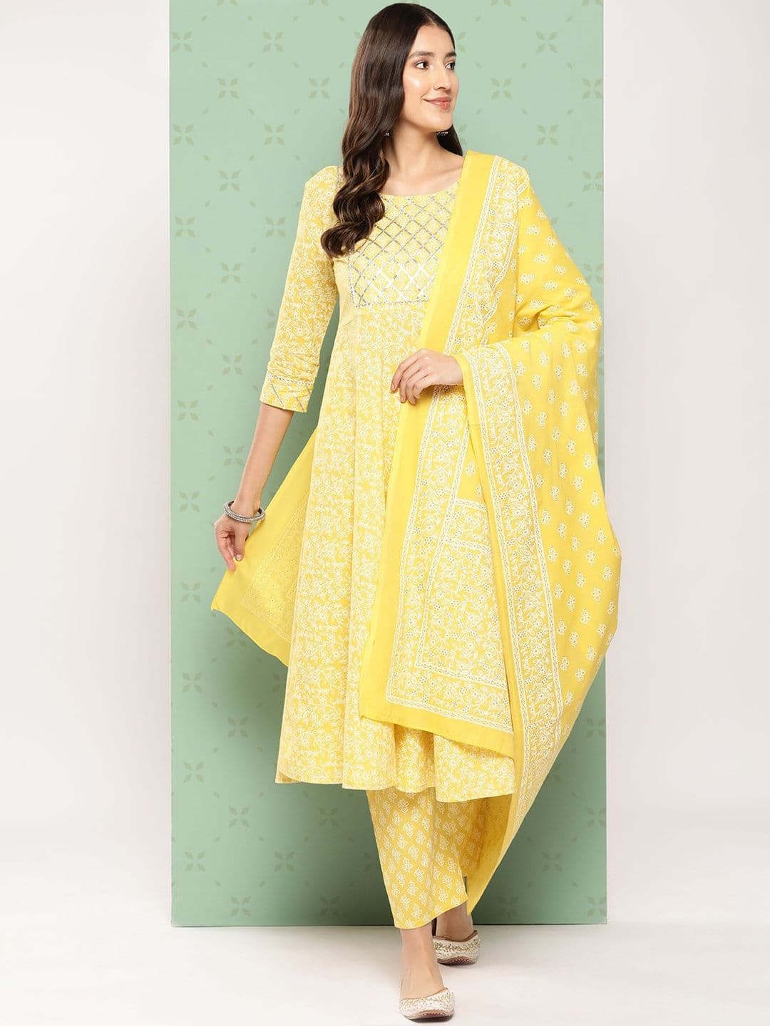 KALINI Ethnic Motifs Printed Pure Cotton Anarkali Kurta with Trousers & Dupatta - view 1