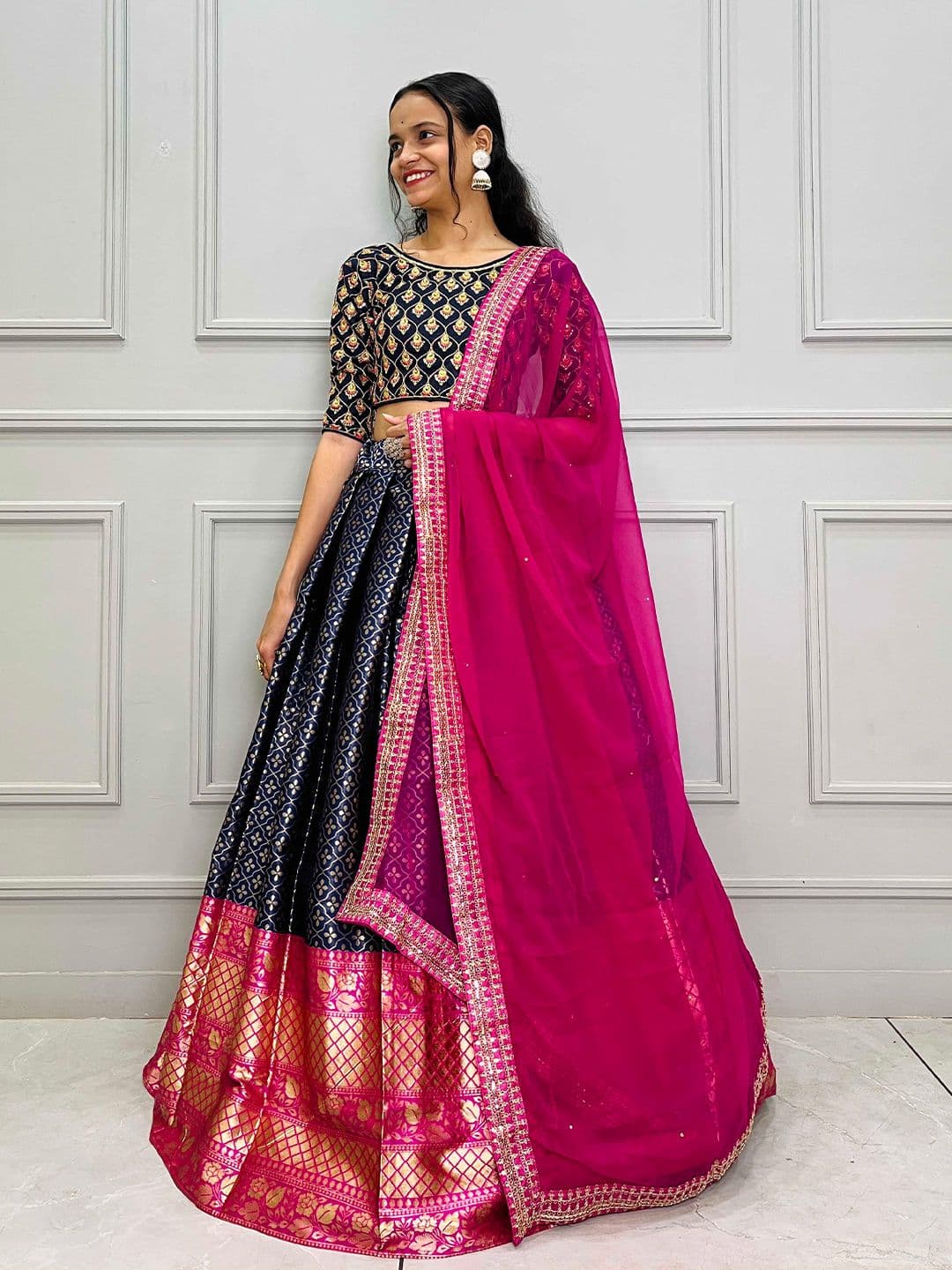 Fabcartz Navy Blue Semi-Stitched Lehenga & Unstitched Blouse With Dupatta - view 1
