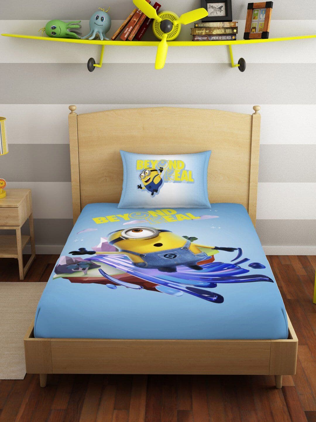 SPACES Blue Cartoon Characters Pure Cotton 180 TC Single Fine Bedsheet with a Pillow Cover-152 x 224 cm - view 1