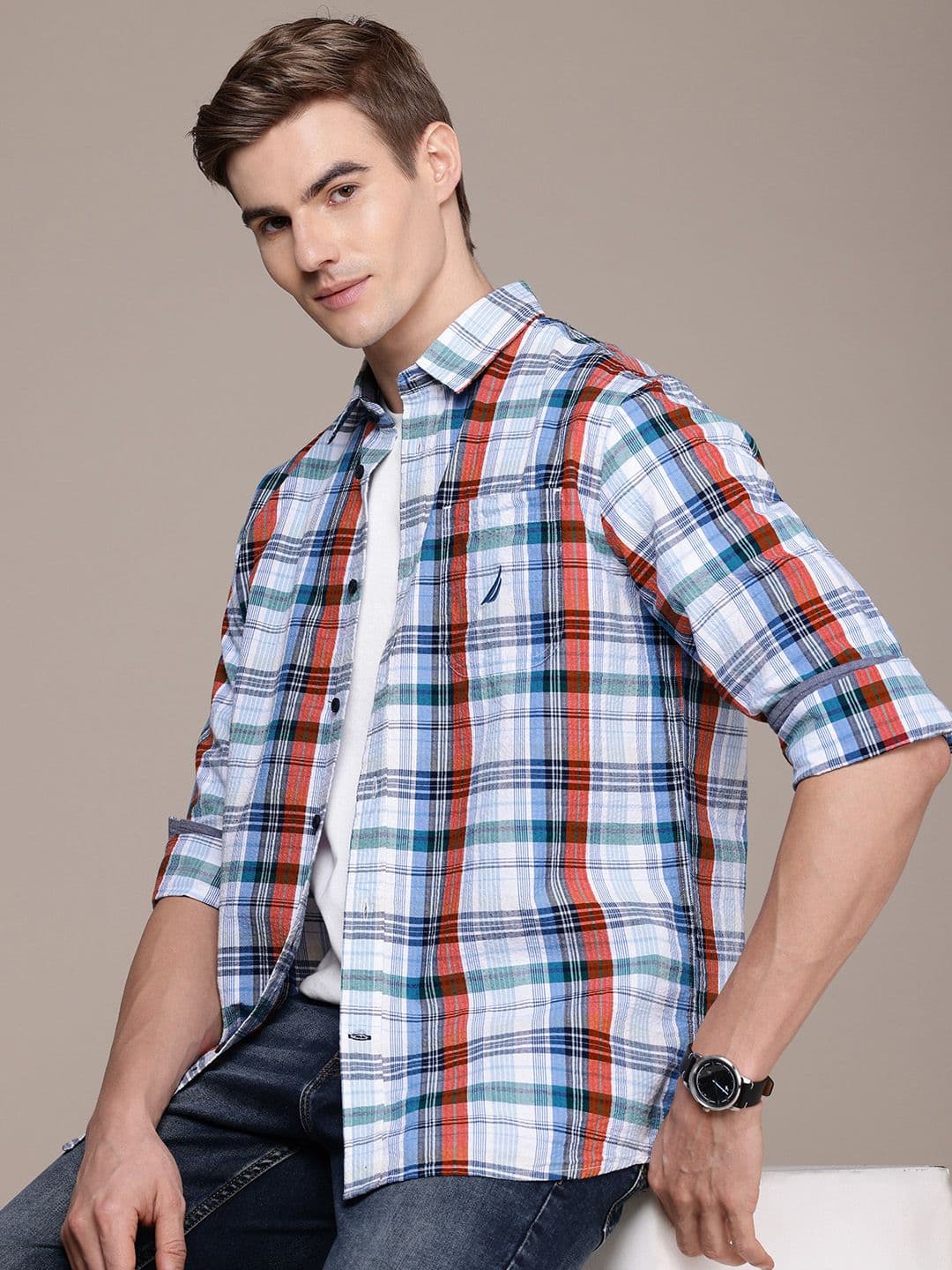 Nautica Pure Cotton Classic Seersucker Checked Casual Shirt - view 1