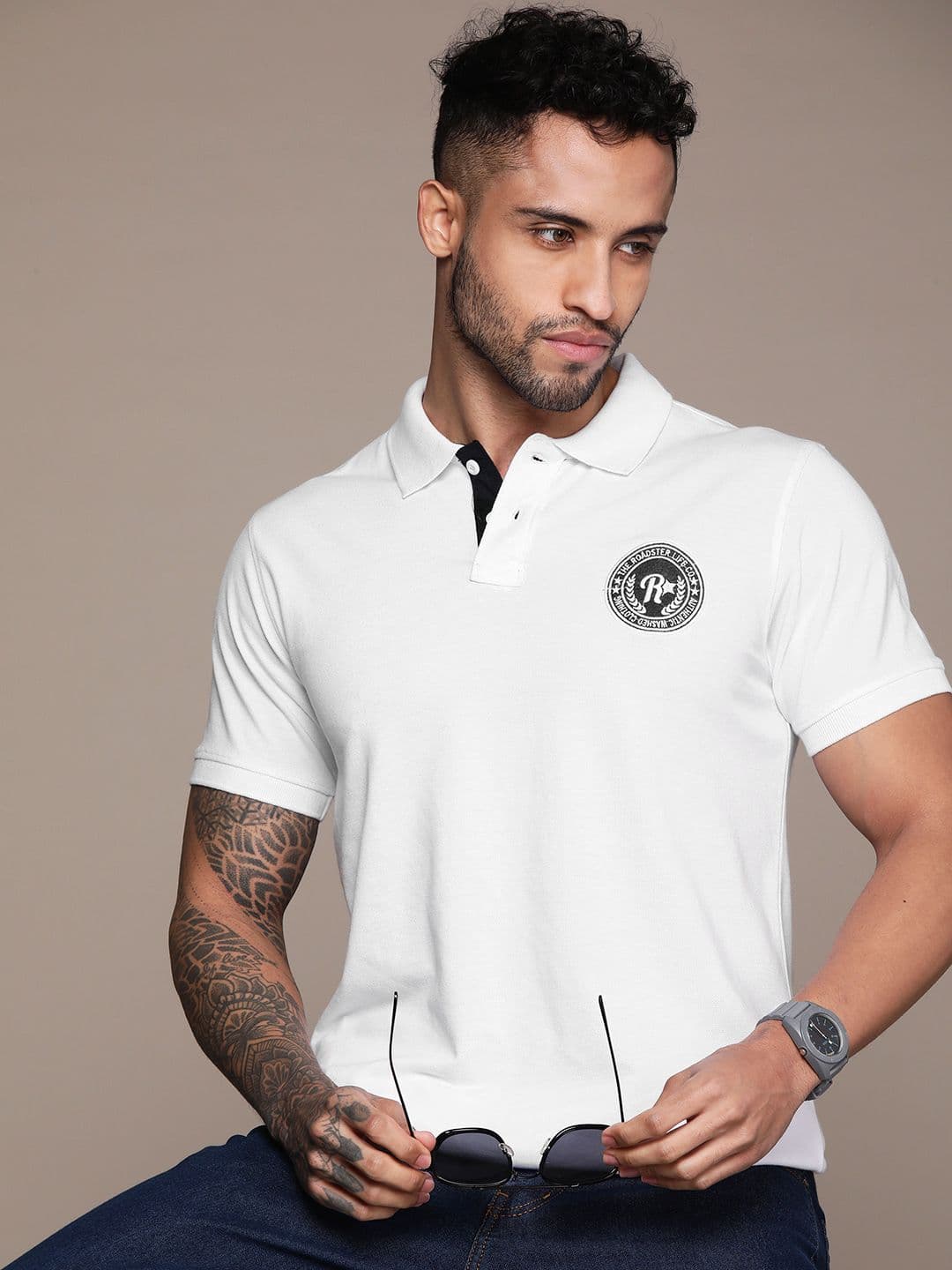 Roadster Men Brand Logo Printed Polo Collar Pure Cotton T-shirt - view 1
