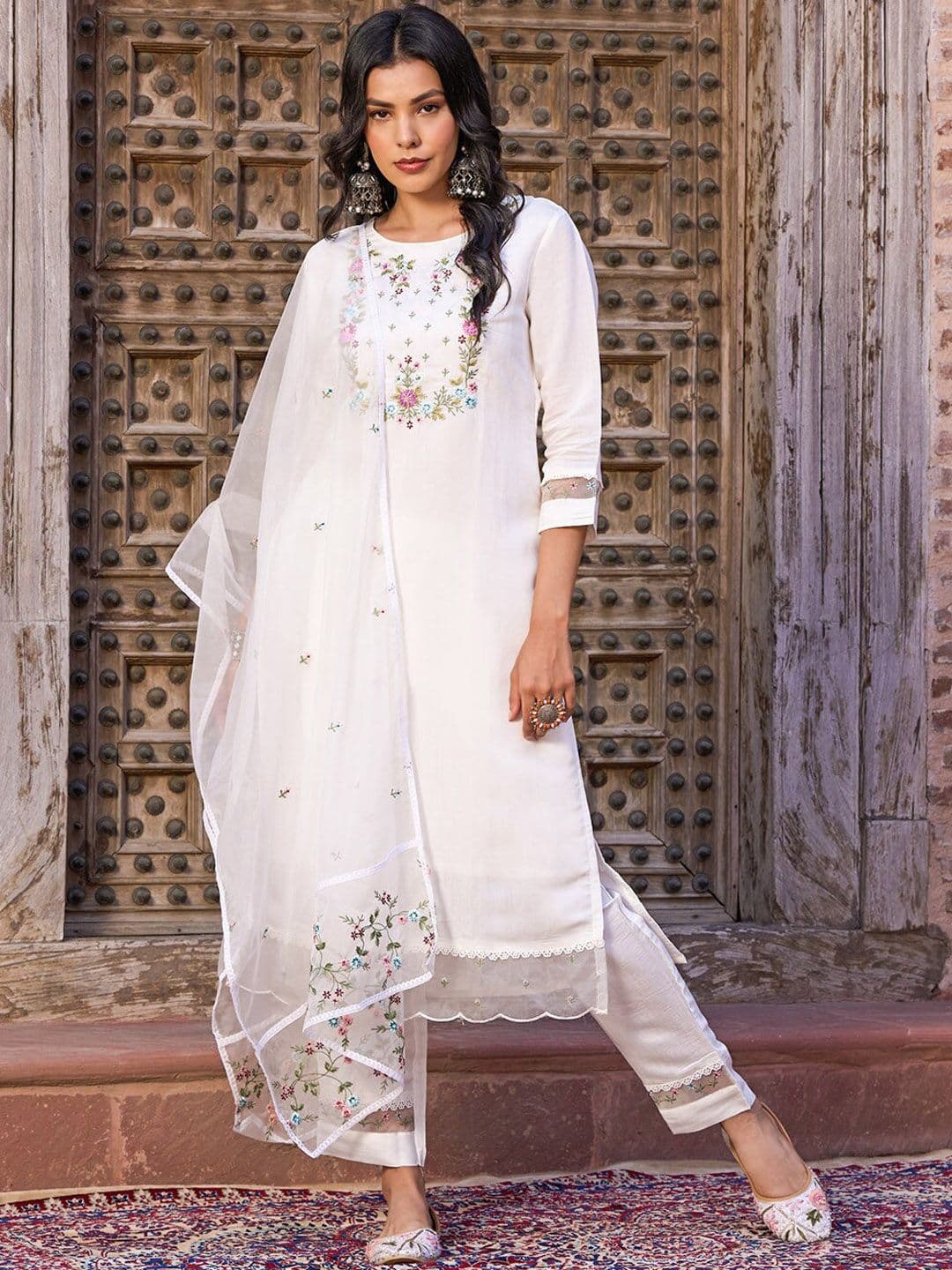 KALINI Floral Yoke Design Thread Work Chanderi Cotton Kurta With Trouser & Dupatta - view 1