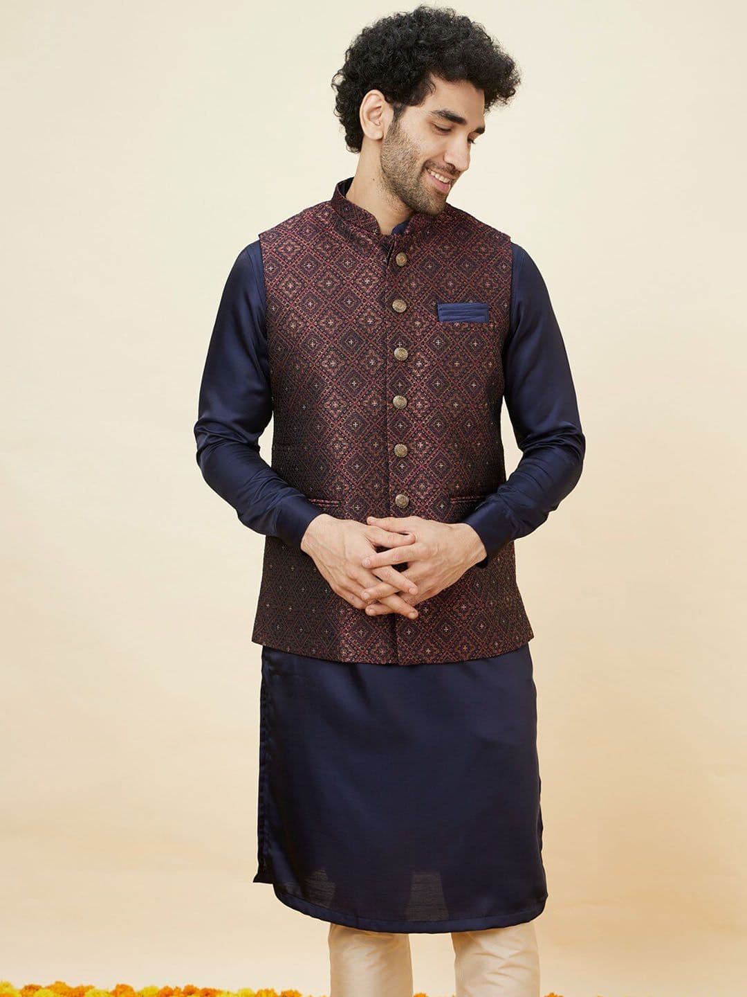 Manyavar Woven Design Mandarin Collar Nehru Jacket - view 1