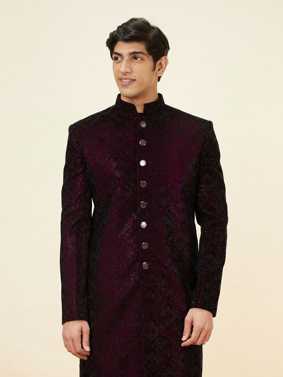 Manyavar Self Design Mandarin Collar Velvet Sherwani Set
