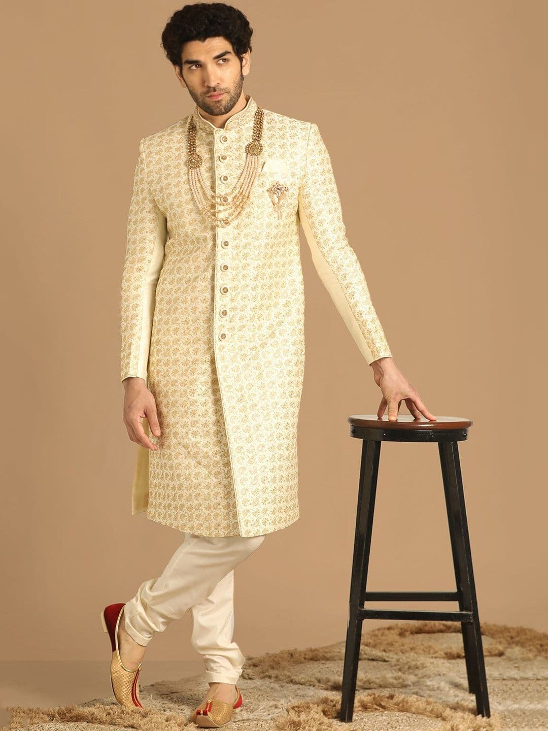 Manyavar Self Design Mandarin Collar Raw Silk Sherwani Set