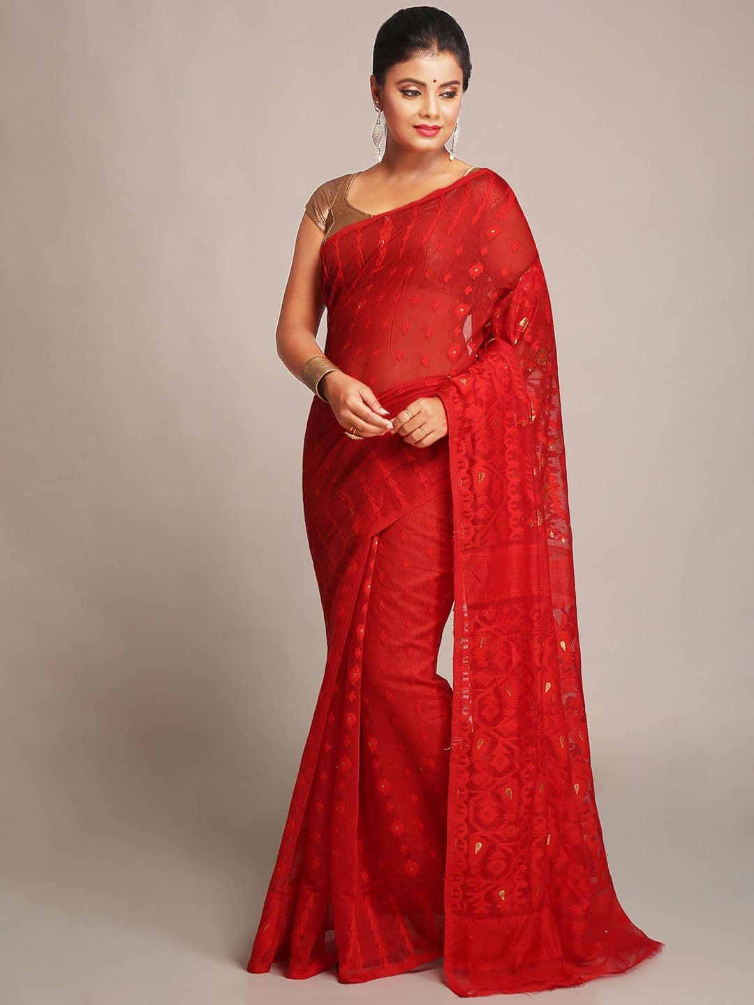 BENGAL HANDLOOM Red Ethnic Woven Design Cotton Silk Jamdani Saree - view 1