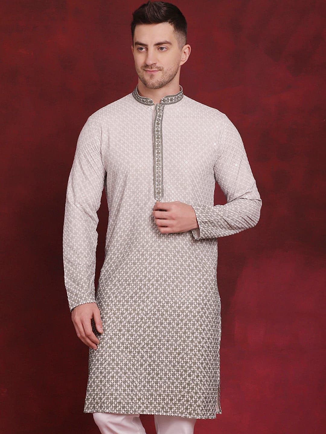 Jompers Geometric Embroidered Mandarin Collar Sequinned Straight Kurta - view 1