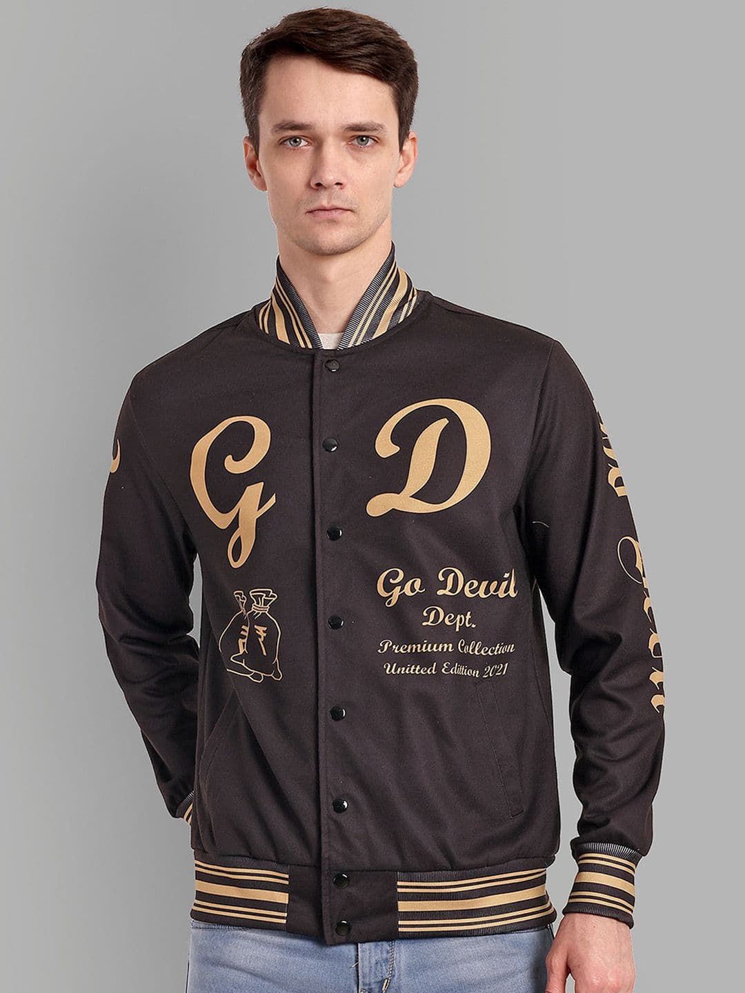 GO DEVIL Graphic Printed Mandarin Collar Bomber Jacket - view 1