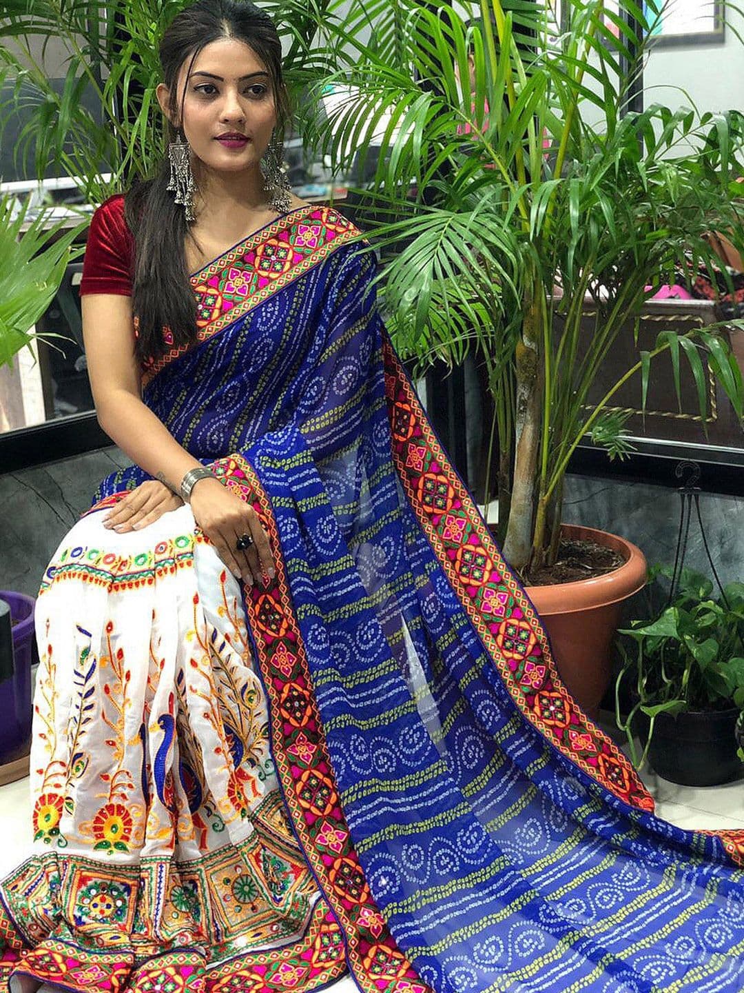KALINI Blue & Cream Bandhani Embroidered Pure Georgette Half and Half Bandhani Saree - view 1