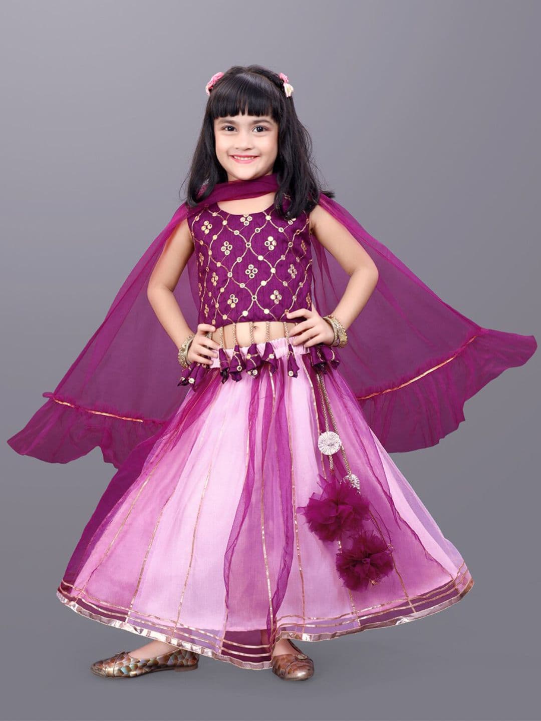 BAESD Girls Embroidered Mirror Work Detail Net Ready to Wear Lehenga & Blouse With Dupatta - view 1