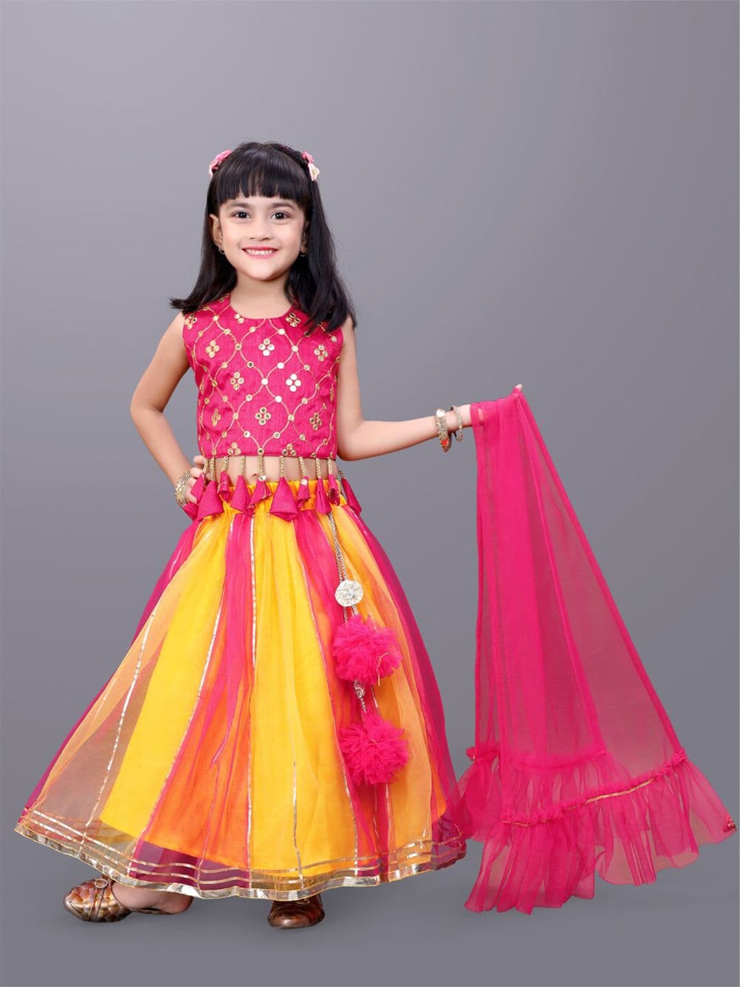 BAESD Girls Embroidered Mirror Work Detail Net Ready to Wear Lehenga & Blouse With Dupatta - view 1