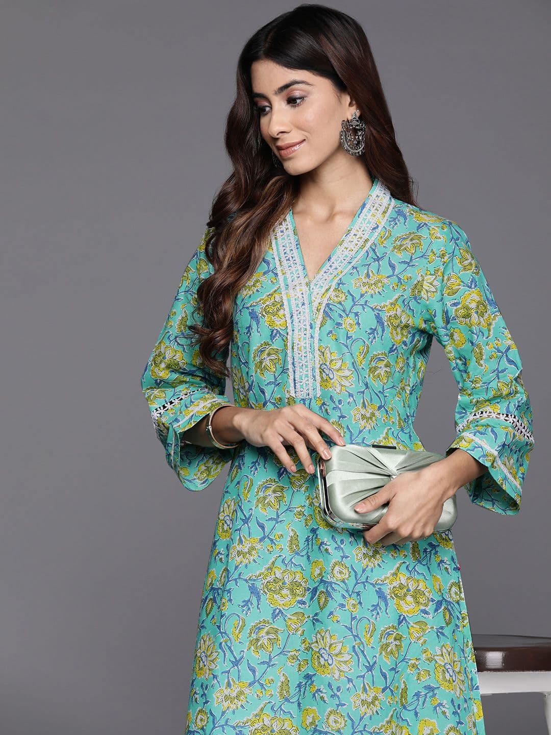 Varanga Floral Printed Flared Sleeves Thread Work Pure Cotton Kurta - view 1