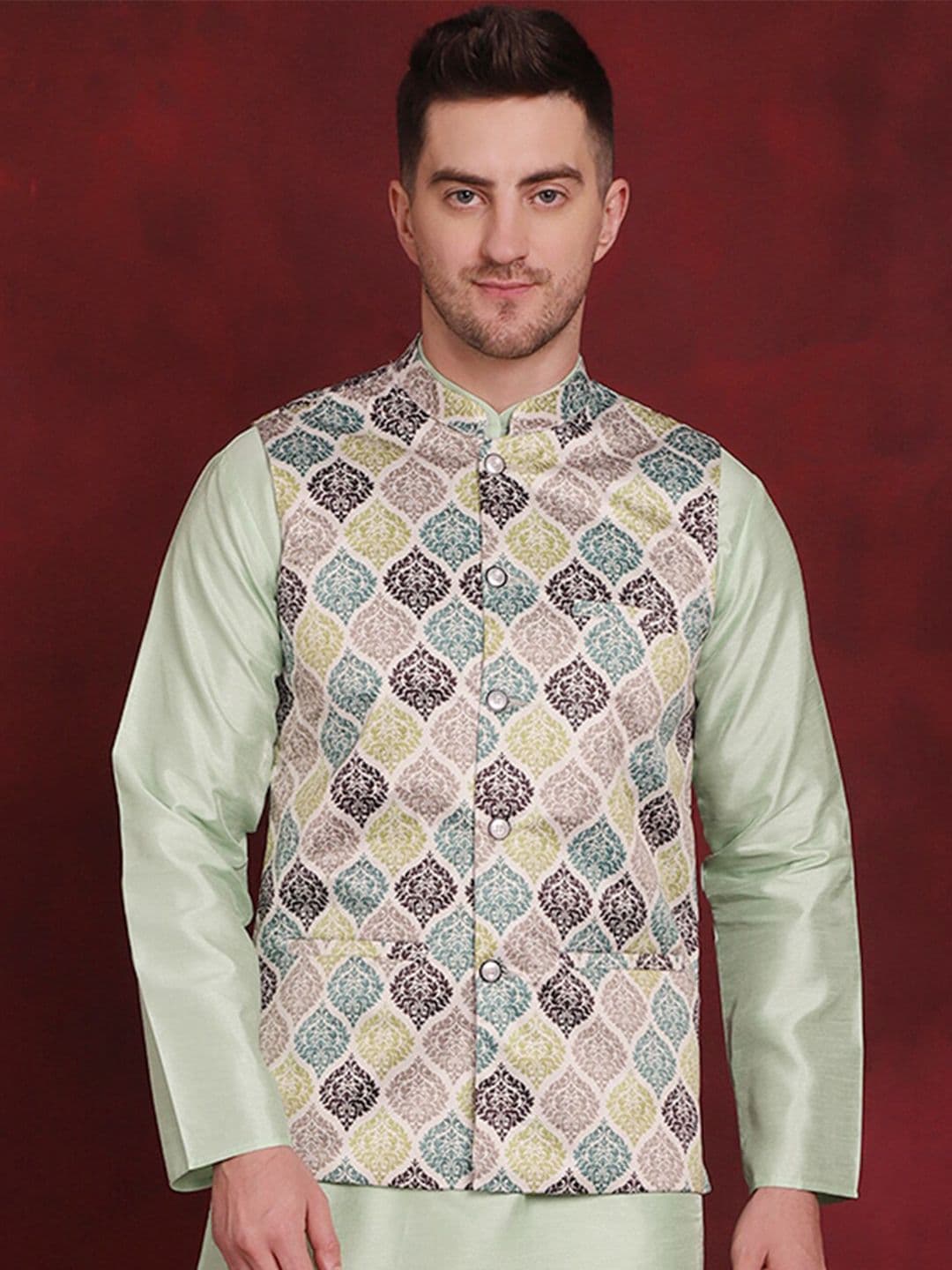 Jompers Printed Mandarin Collar Nehru Jacket - view 1
