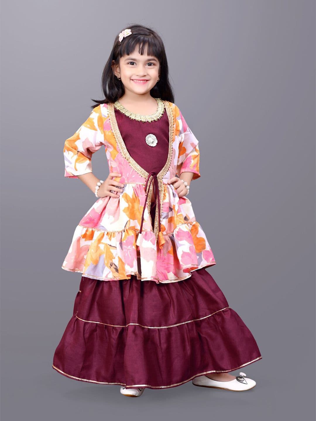 BAESD Girls Solid Ready to Wear Cotton Lehenga Choli & Printed Shrug - view 1