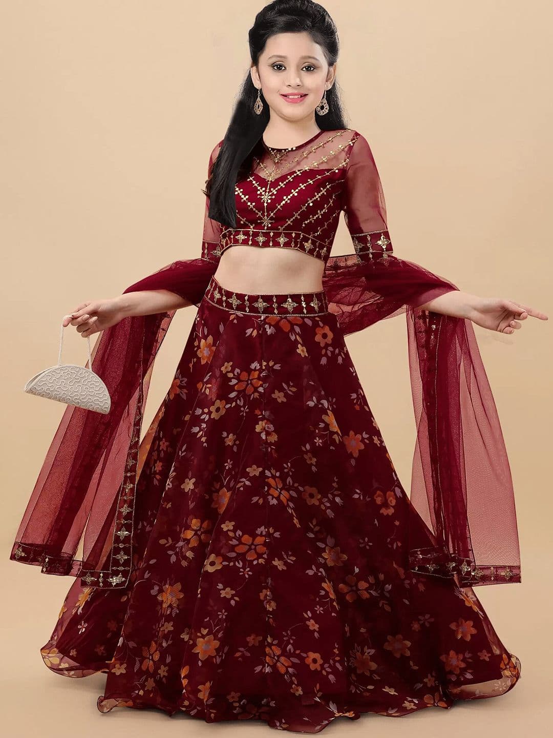 BAESD Girls Embroidered Organza Semi Stitched Lehenga & Unstitched Blouse With Dupatta - view 1