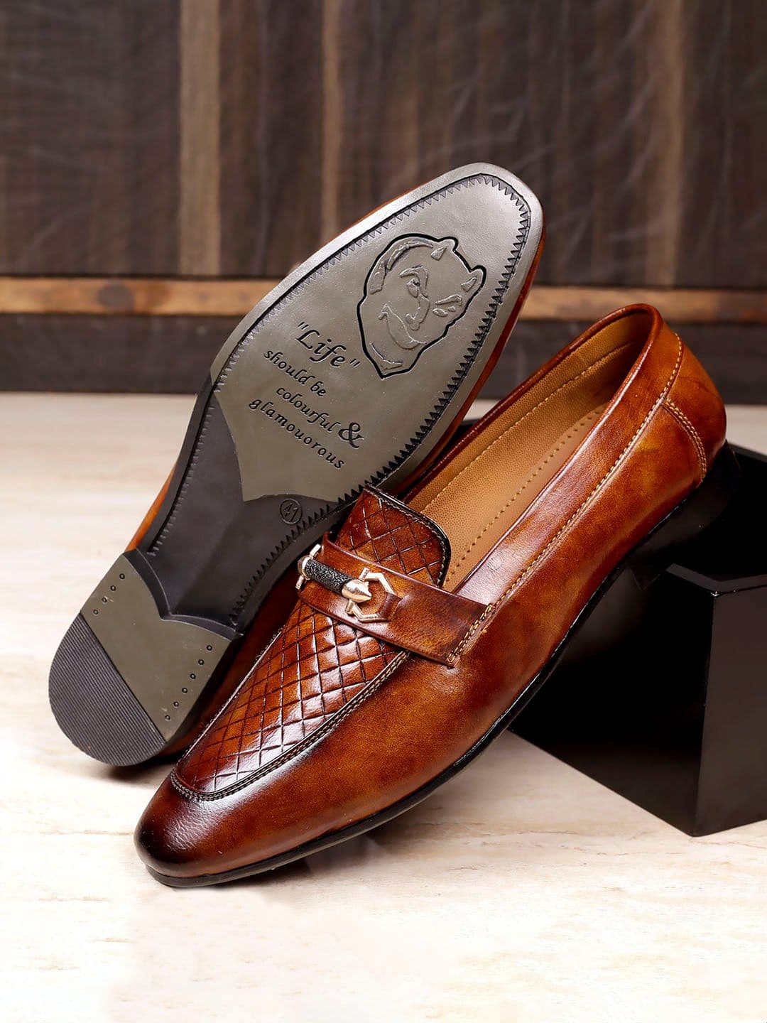INVICTUS Men Tan Quilted Textured Formal Horsebit Festive Loafers - view 1
