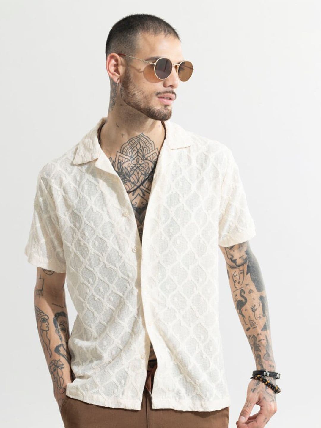 Snitch Cream Self Design Classic Boxy Casual Shirt - view 1