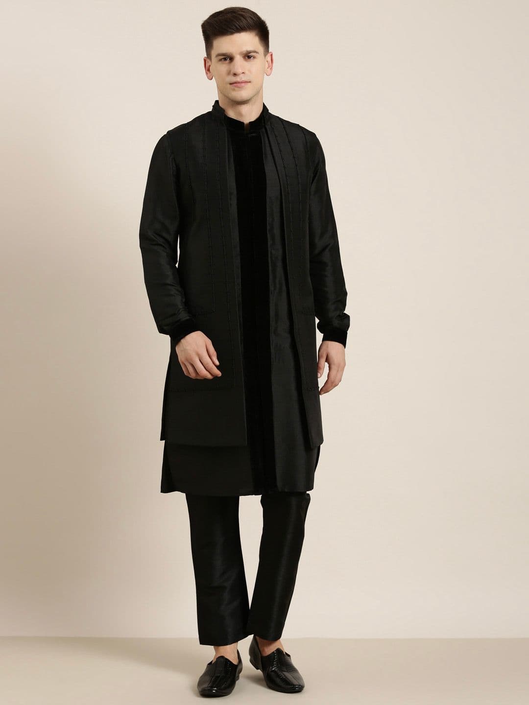TheEthnic.Co Woven Design Longline Nehru Jackets - view 1