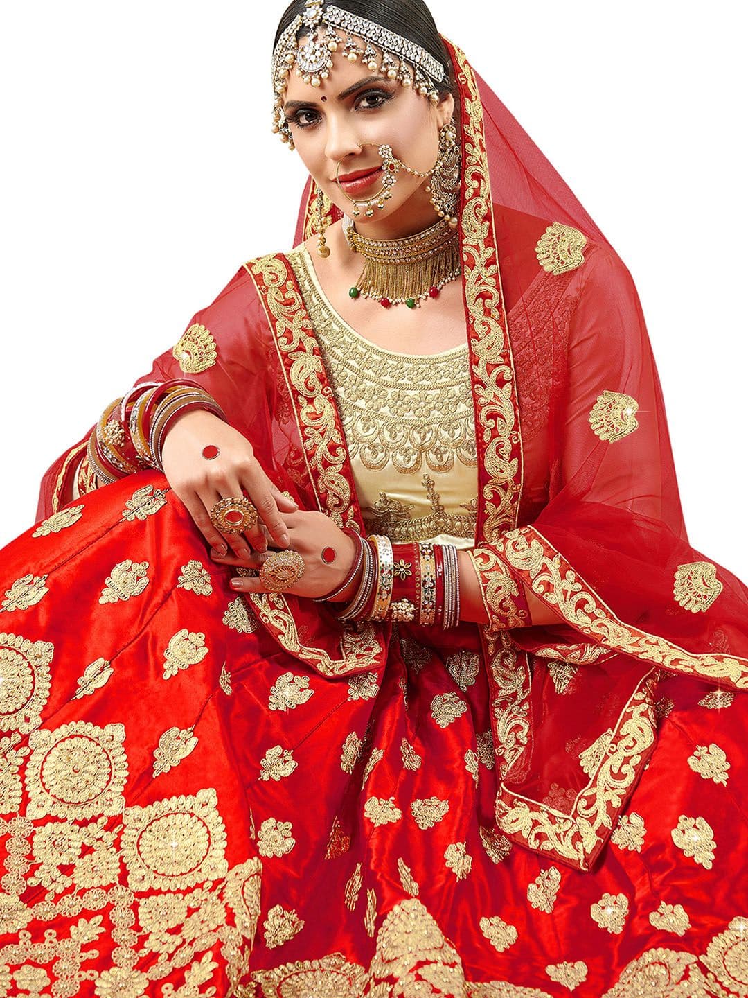 MANVAA Red Embroidered Thread Work Semi-Stitched Lehenga & Unstitched Blouse With Dupatta - view 1