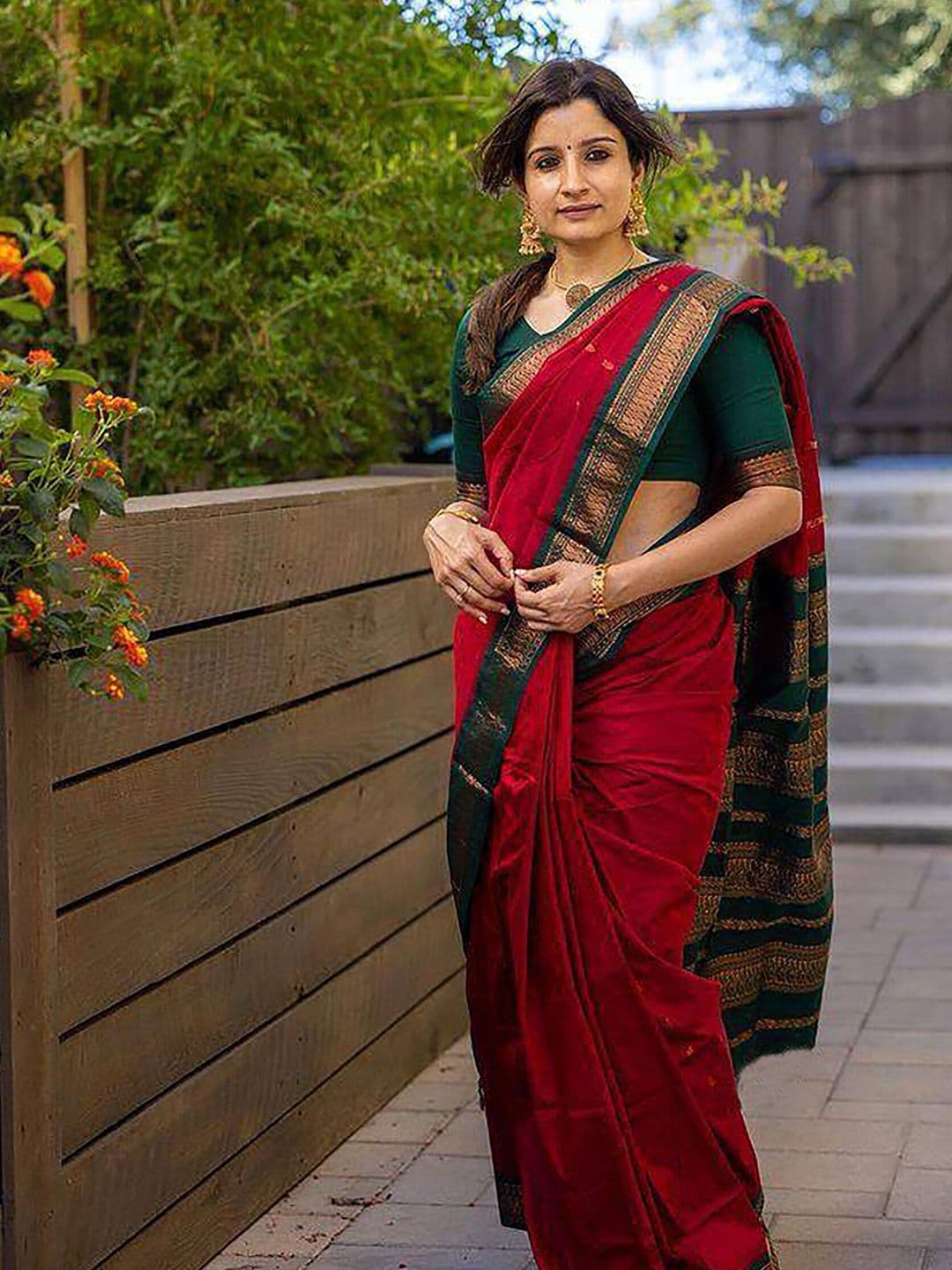 KALINI Red & Green Woven Design Zari Kanjeevaram Saree - view 1