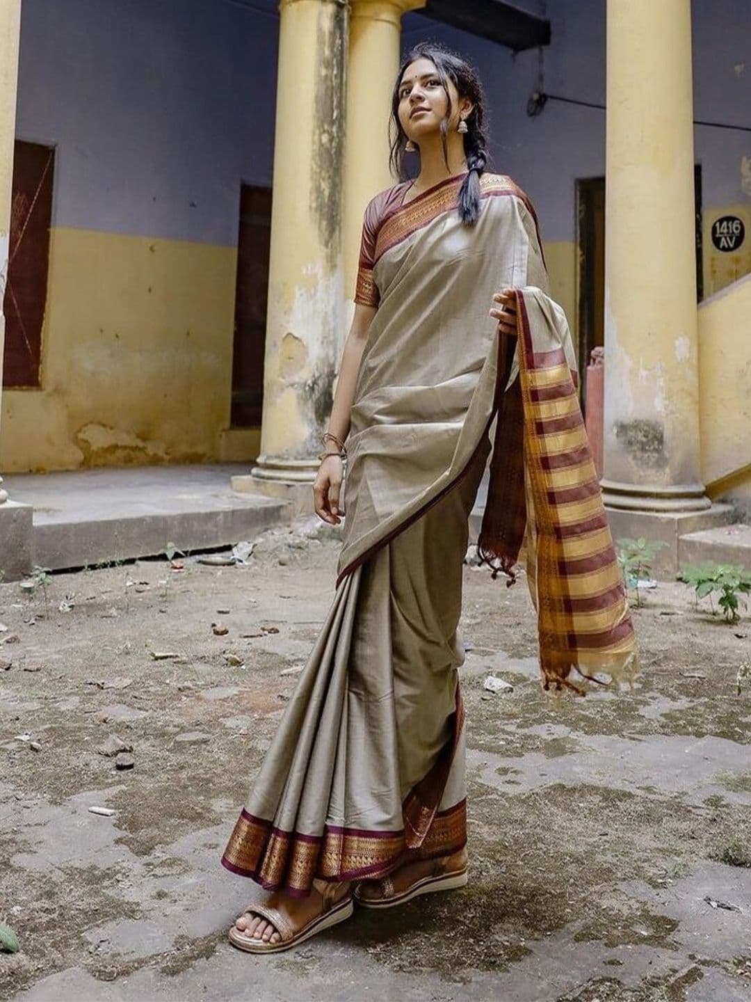 Paramparik Textile Beige Woven Design Zari Cotton Designer Gadwal Saree - view 1
