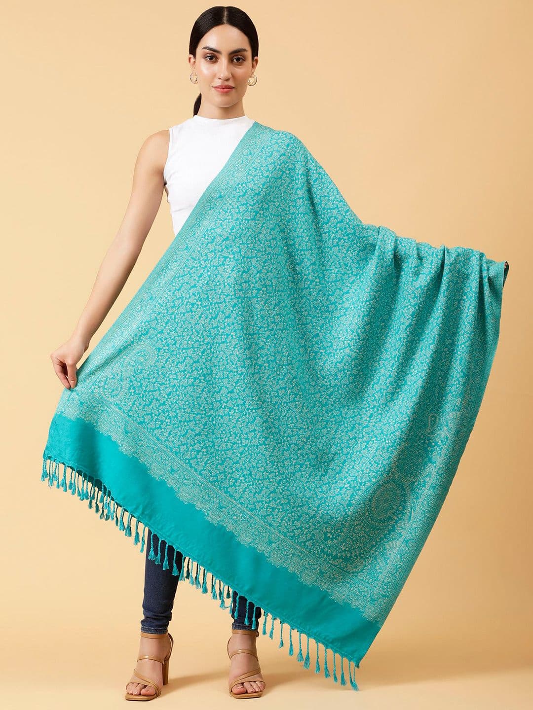 Moda Chales Floral Woven Design Zari Acrylic Shawl - view 1
