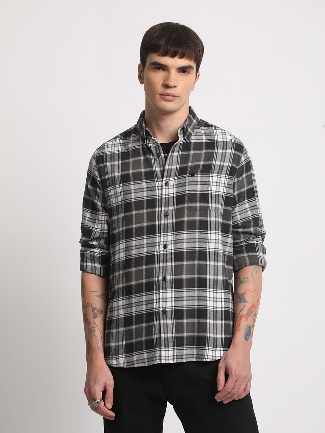 THE BEAR HOUSE Tartan Checked Slim Fit Flannel Pure Cotton Casual Shirt - view 1