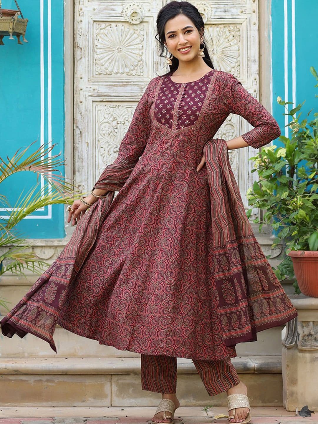 KALINI Ethnic Motifs Printed Empire Sequinned Kurta with Trousers & Dupatta - view 1