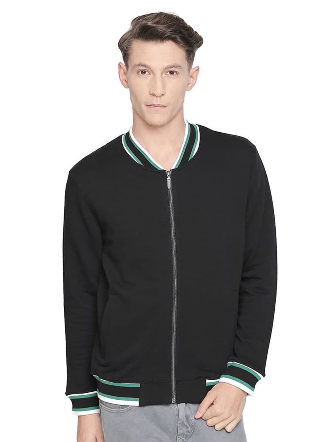 Basics Stand Collar Long Sleeves Cotton Bomber Jacket - view 1