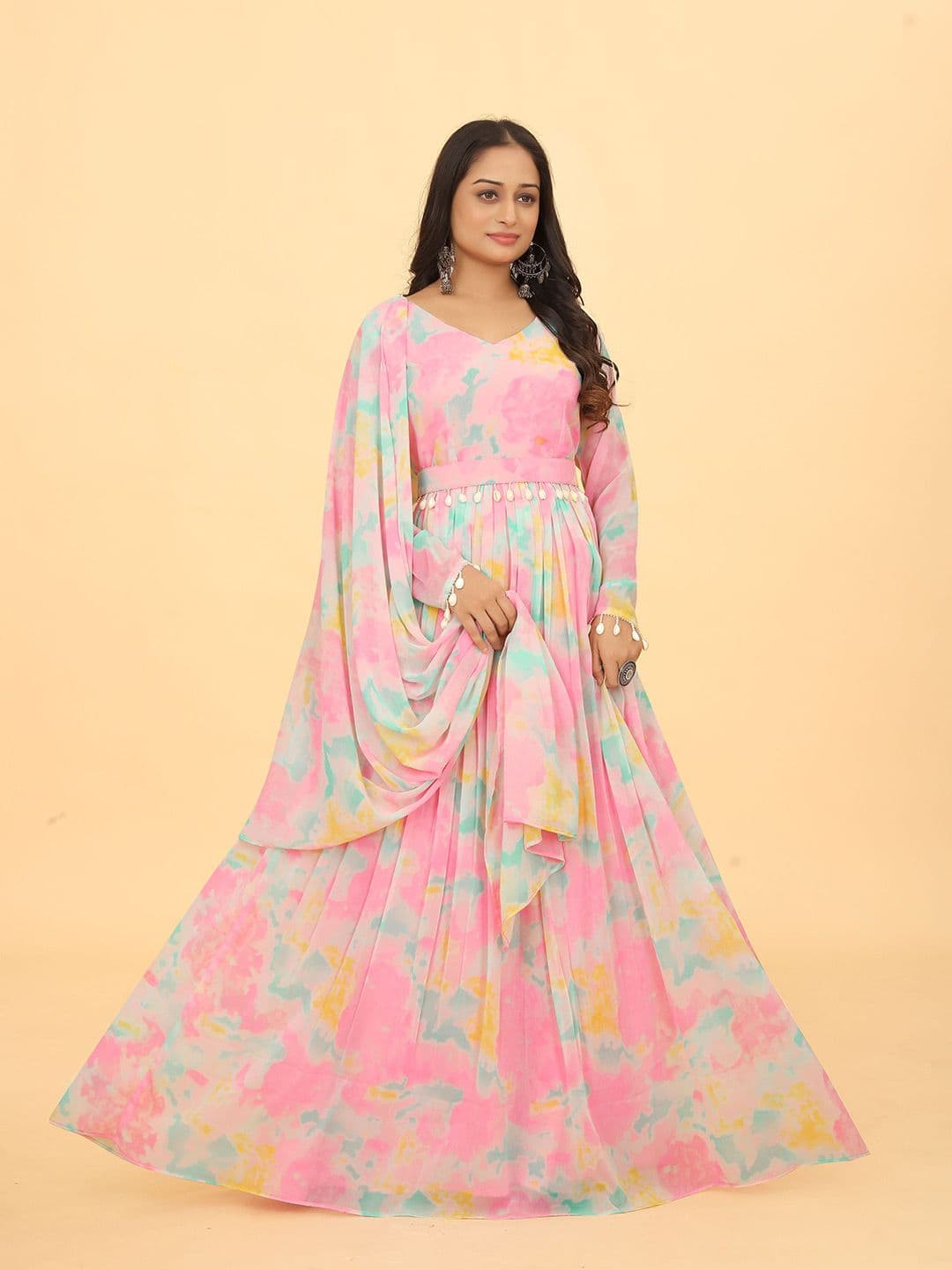 CHANSI Abstract Printed Fit & Flare Maxi Ethnic Dress With Belt & Dupatta - view 1