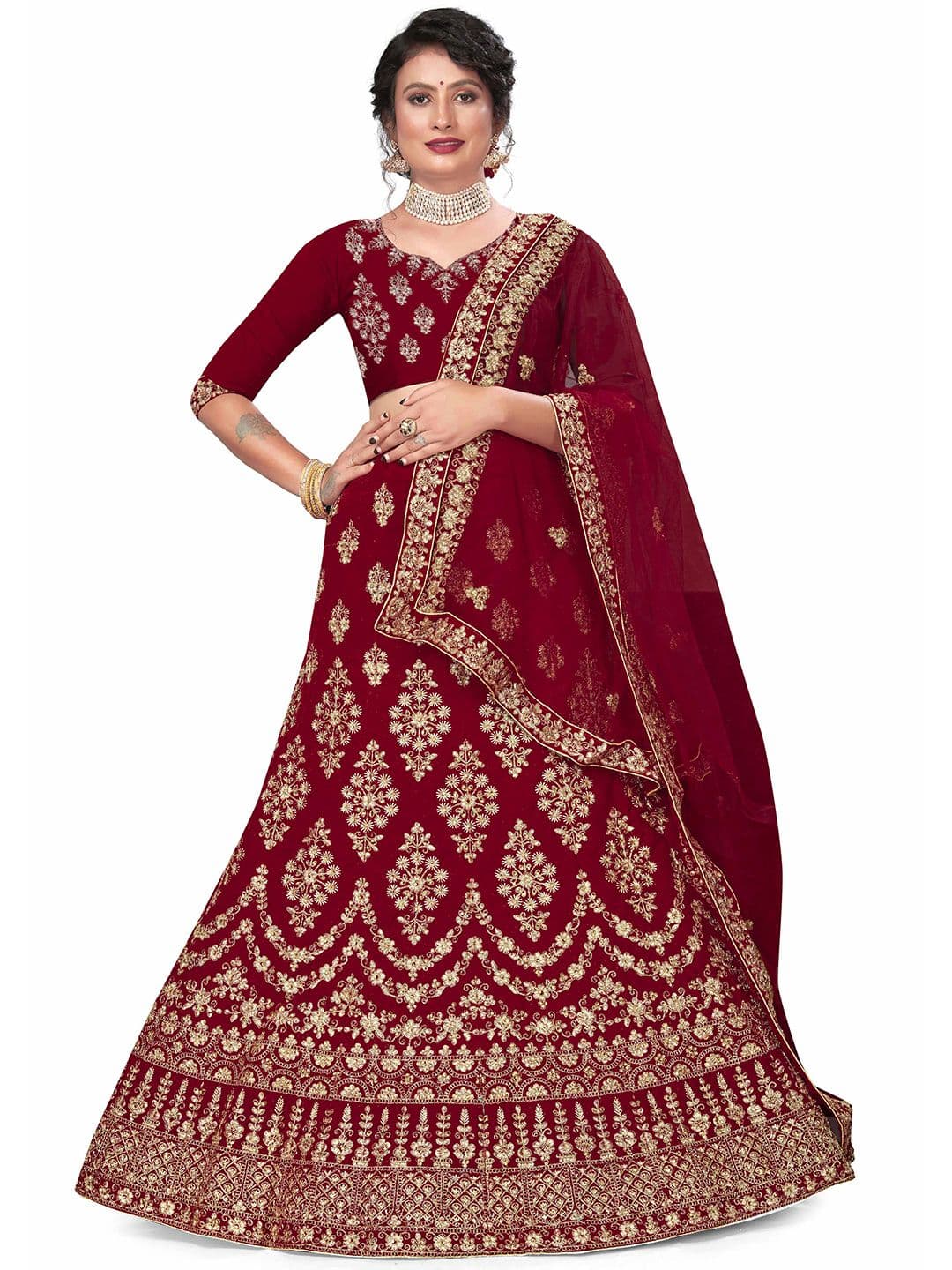 MANVAA Floral Embroidered Semi-Stitched Lehenga & Unstitched Blouse With Dupatta - view 1