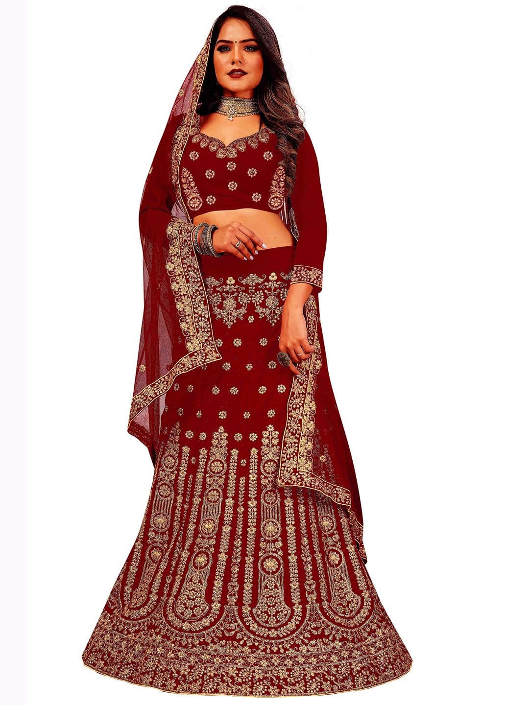 MANVAA Embroidered Velvet Semi-Stitched Lehenga & Unstitched Blouse With Dupatta - view 1