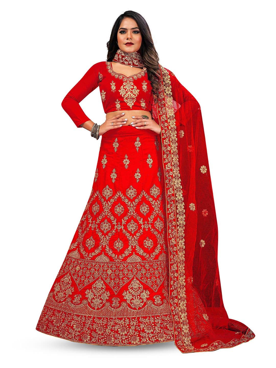 MANVAA Floral Embroidered Velvet Semi-Stitched Lehenga Choli - view 1