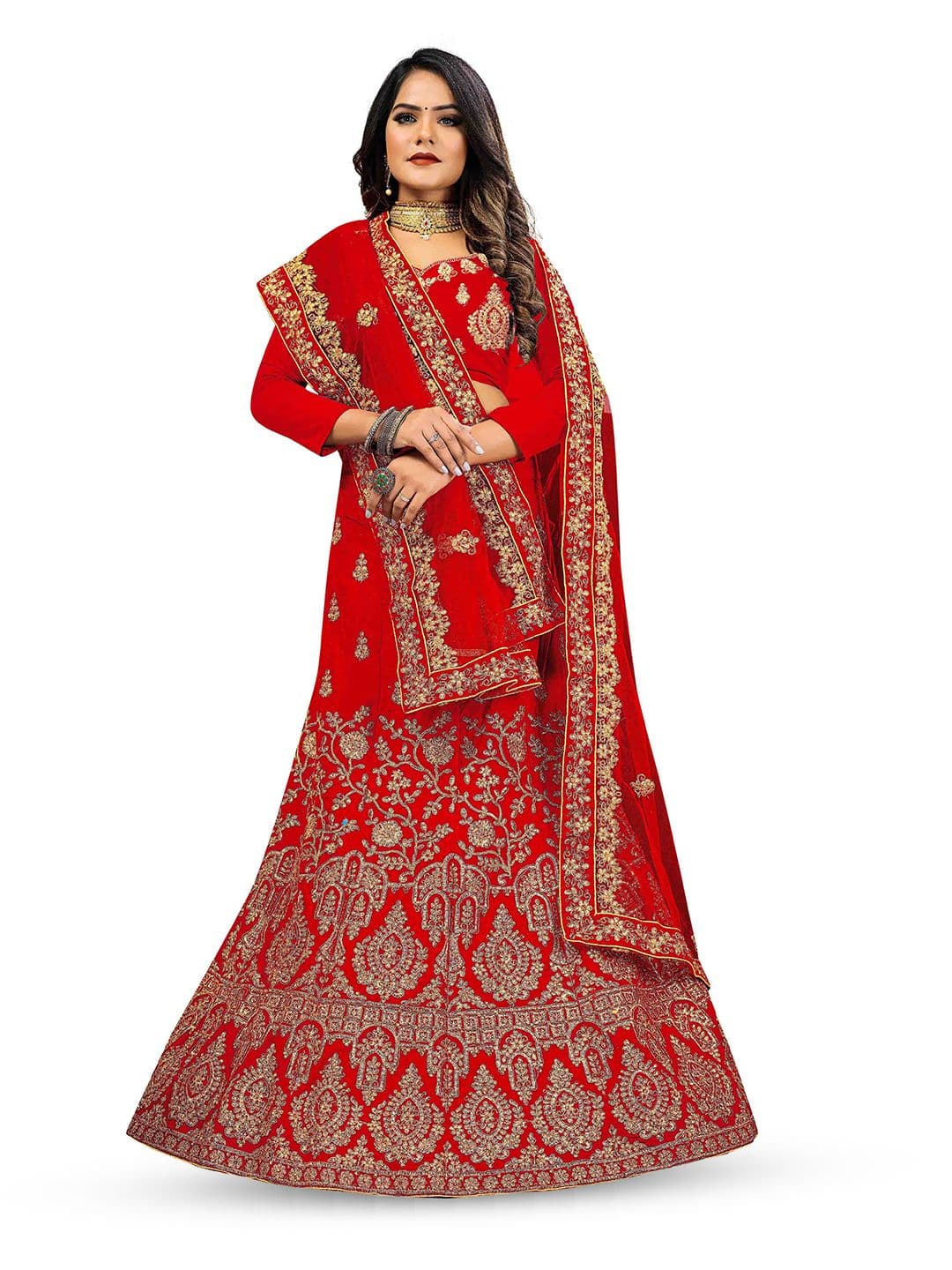 MANVAA Embroidered Stones Velvet Semi Stitched Lehenga & Unstitched Blouse With Dupatta - view 1