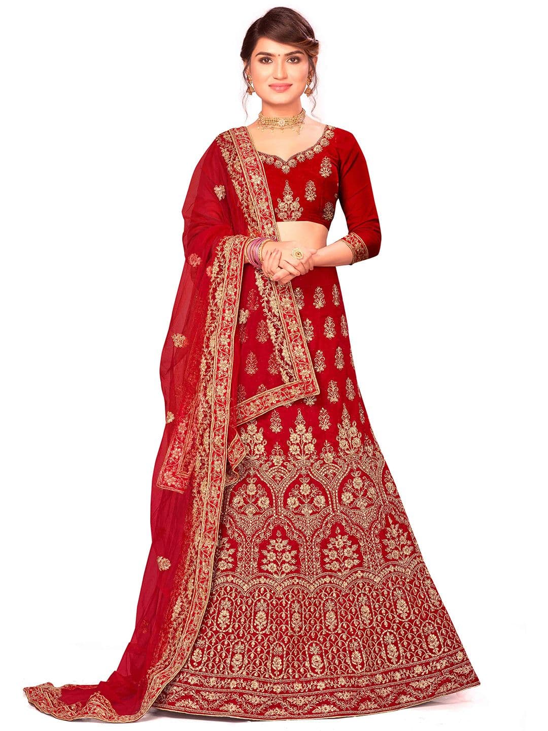 MANVAA Embroidered V-Neck Velvet Semi Stitched Lehenga & Unstitched Blouse With Dupatta - view 1