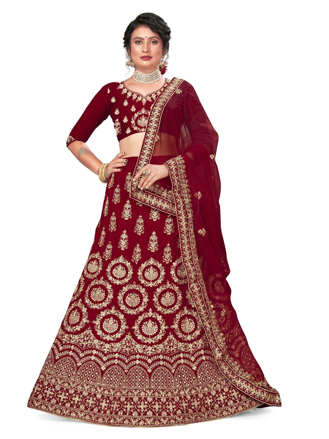 MANVAA Embroidered Beads and Stones Semi-Stitched Lehenga & Unstitched Blouse With Dupatta - view 1