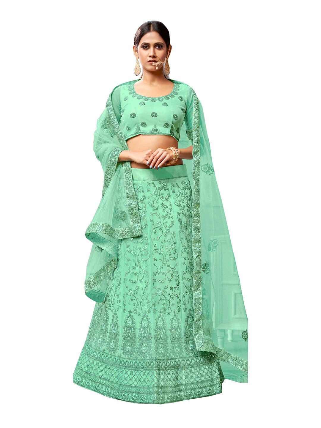 MANVAA Sea Green Embroidered Thread Work Semi-Stitched Lehenga & Unstitched Blouse With Dupatta - view 1