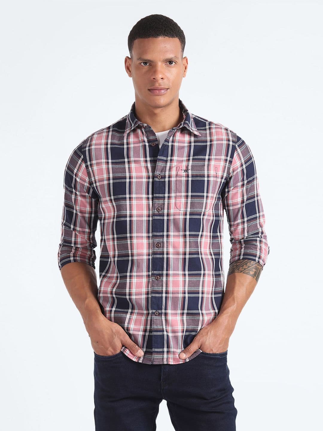 Flying Machine Checked Spread Collar Roll Up Sleeves Pure Cotton Slim Fit Casual Shirt - view 1