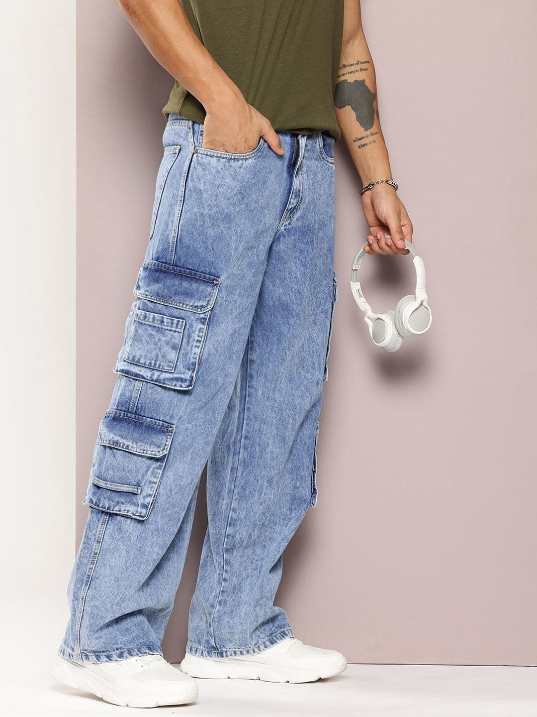 Kook N Keech Men Pure Cotton Wide Leg Light Fade Cargo Jeans - view 1
