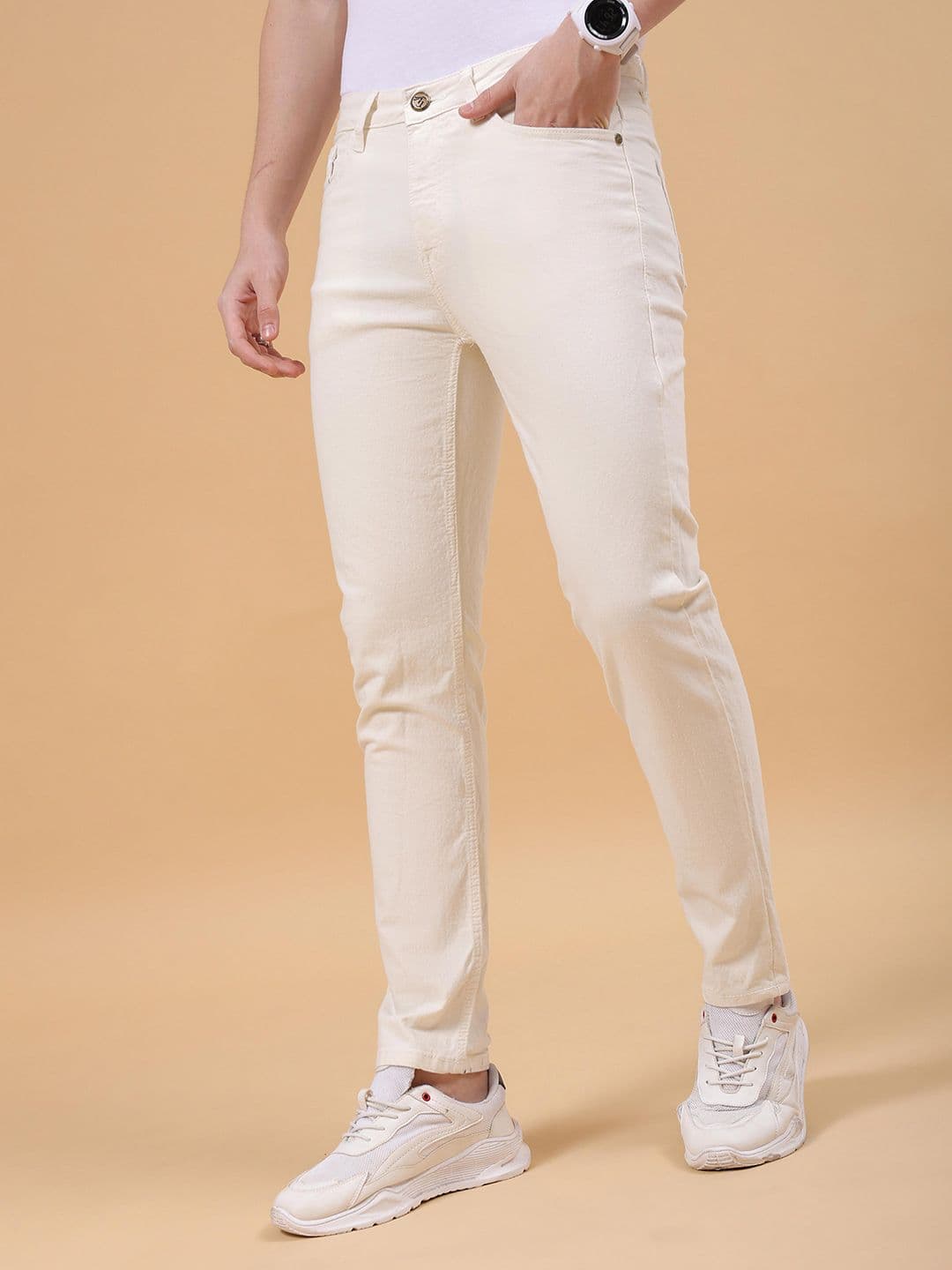 The Indian Garage Co Men Off White Slim Fit Clean Look Stretchable Jeans - view 1