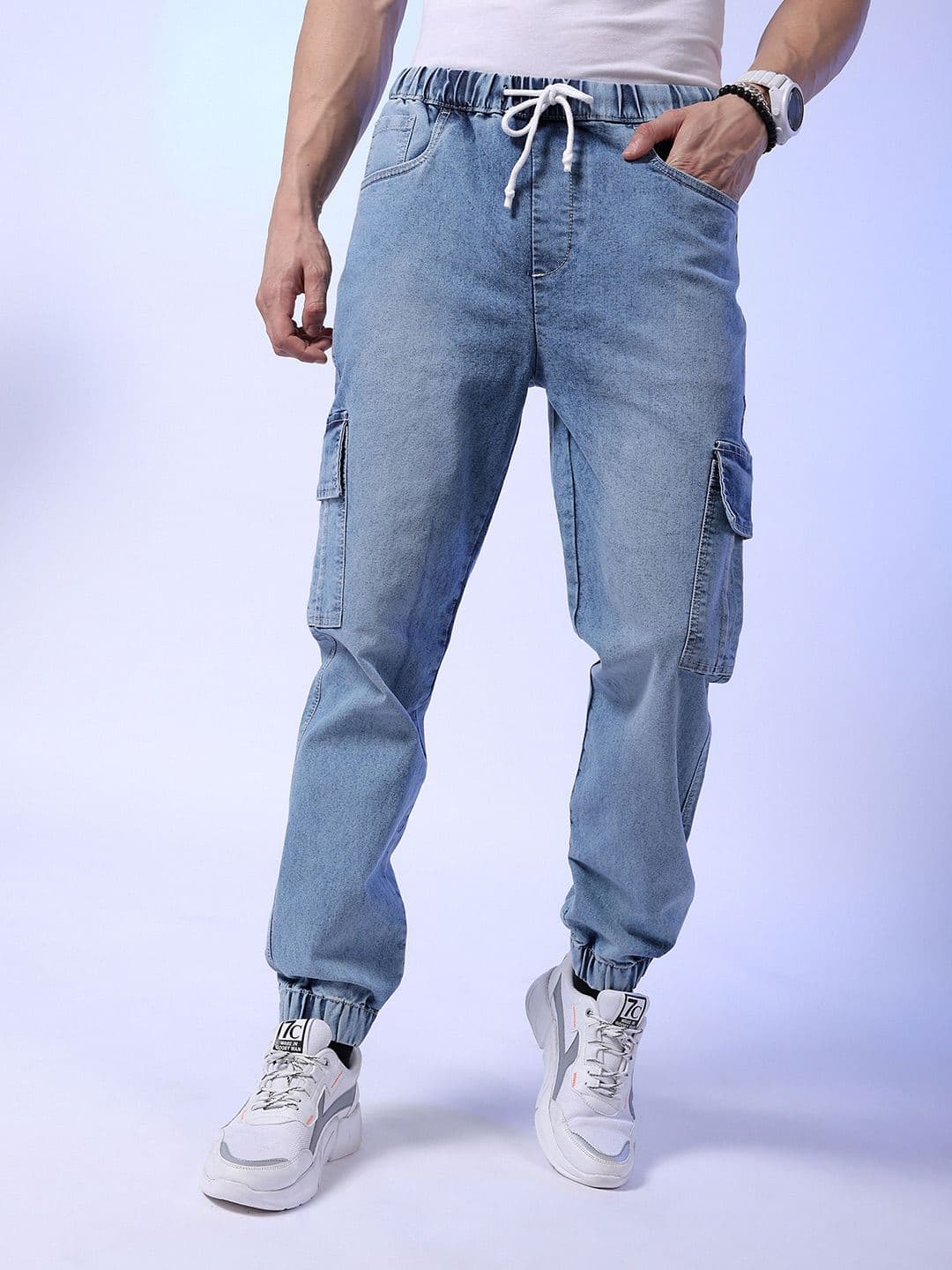 The Indian Garage Co Men Clean Look Light Fade Stretchable Cargo Denim Joggers - view 1