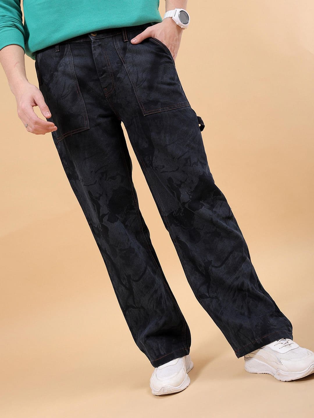 The Indian Garage Co Men Mid-Rise Laser Print Light Fade Carpenter Relaxed Fit Jeans - view 1